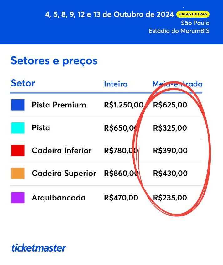 Comprovação preço Bruno Mars com setores e meia-entrada