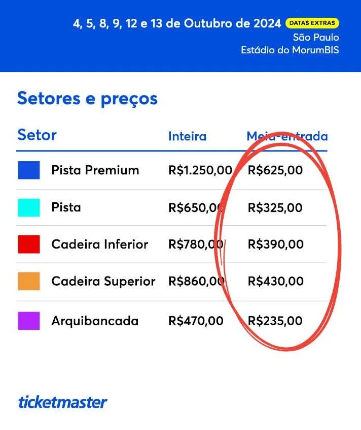 Comprovação preço Bruno Mars com setores e meia-entrada