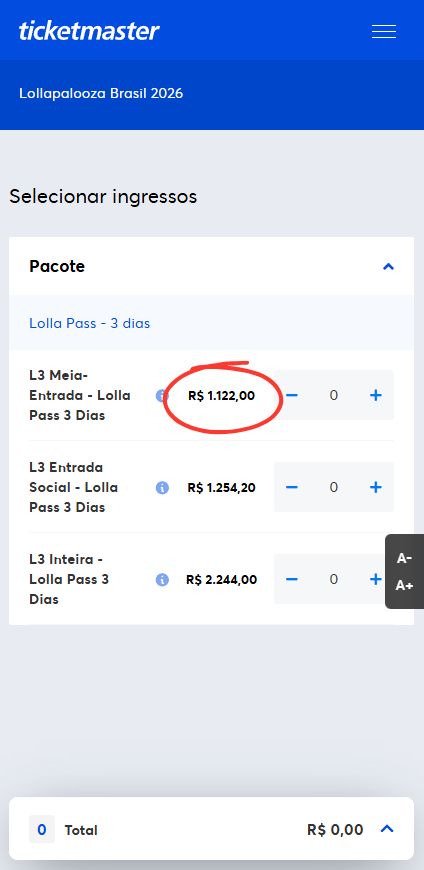 Comprovação preço Lollapalooza no Ticketmaster