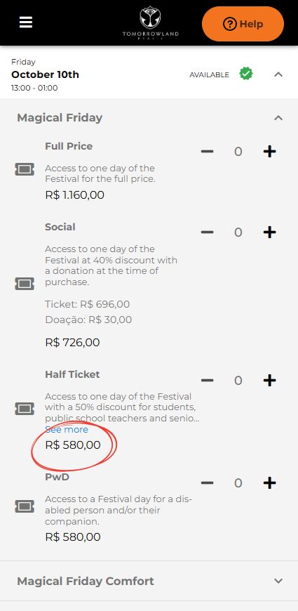 Comprovação preço Tomorrowland com Half Ticket
